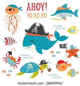 Set of cute undersea pirate design elements.