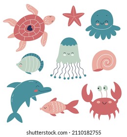 Set of cute underwater animals. Jellyfish, octopus, dolphin, turtle, fish, crab. Flat vector illustration in cartoon style isolated on white background.