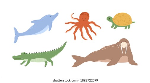 Set of cute underwater animals: octopus, dolphin, turtle, crocodile and walrus. Collection of marine mammals isolated on white background. Colored flat vector illustration.