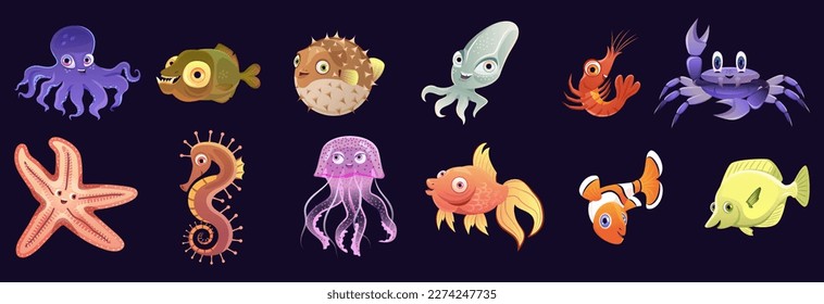 Set of Cute underwater animals. Stickers with clownfish, pufferfish, crab, octopus, jellyfish, shrimp and seahorse. Marine or sea creatures. Cartoon flat vector collection isolated on dark background