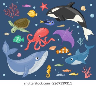 Conjunto de personajes submarinos lindos. Pegatinas con tiburón, tortuga, peces acuarios, caballitos de mar, algas, pulpo y estingrises. Vida marina o oceánica. Colección vectorial plana de dibujos animados aislada en fondo azul
