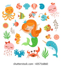 Set of cute underwater design elements.