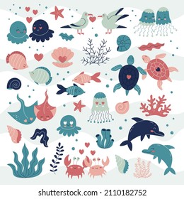 Set of cute underwater love animals, love, valentine's day. Jellyfish, octopus, dolphin, turtle, stingray, fish, crab, algae, shells, corals. Flat vector illustration in cartoon style