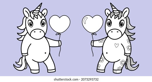 Set von Cute-Einhorn mit Ballon, Konturzeichnung und Texturzeichnung, Vektorgrafik auf zartem violettem Hintergrund