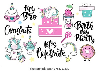 Set with cute unicorn, cake and lettering for birthday. Hey bro, congrats, Birthday party, let's celebrate