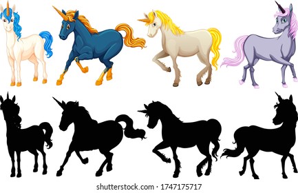 Set of cute unicorn cartoon character illustration