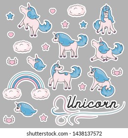 Set of cute unicorn, clouds, hearts, rainbow stickers. Lovely fairy cartoon ponies for baby birthday cards. Fancy magical illustration for kids posters.
