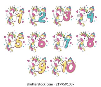 Set of Cute unicorn collection in kawaii style with number One. Happy birthday concept for one month or one year. 
Vector illustration with a character for a greeting card, photo album, holiday