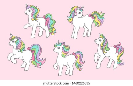 Set of cute unicorn in different poses. Hand drawn cartoon. Vector Illustration design for cards, posters, t-shirts, invitations, baby shower, birthday, room decor.