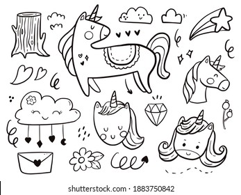 Set of cute unicorn doodle drawing cartoon for kids coloring and print