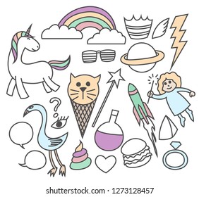 Set of cute unicorn drawing for t shirt, card, print, badges, sticker 