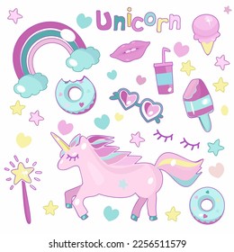 Set of cute unicorn elements illustration