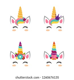 Set of cute unicorn faces. Vestor illustration