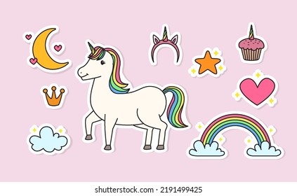 Set of cute Unicorn fairy tale sticker with decoration element