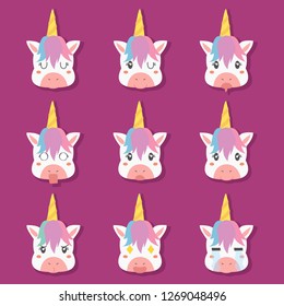 set of cute unicorn with funny faces. Unicorn cute emoticons vector set