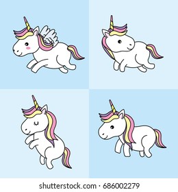 set cute unicorn with hair and horn design