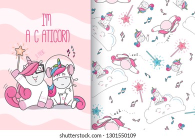 Set. Cute unicorn hand drawn pattern set. Little unicorn pattern. Seamless Pattern animal cartoon-vector