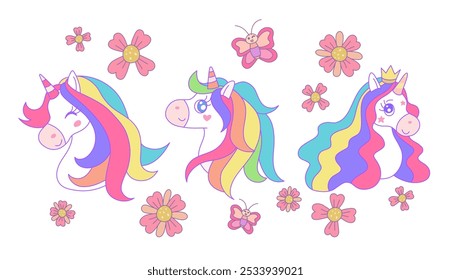 Conjunto de cabeça de unicórnio bonito com flores e borboletas, Cartoon pônei rosto em estilo de fantasia, Unicorn mão desenhado rabiscos, Vetor design ilustração.
