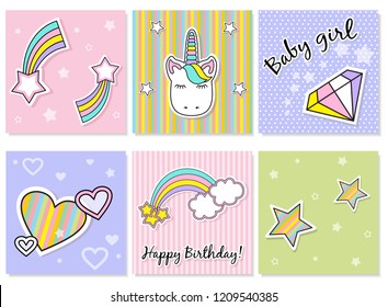 set of cute unicorn icons, rainbow and stars, child vector illustration, cartoon design