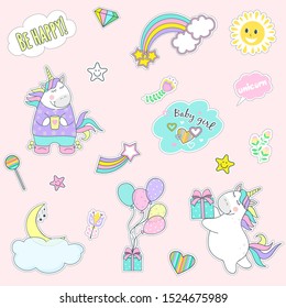 set of cute unicorn icons, rainbow and stars, child vector illustration, cartoon design