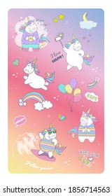 Set of cute unicorn icons, rainbow and stars. Baby stickers vector, cartoon design.