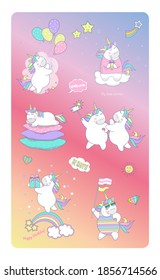 Set of cute unicorn icons, rainbow and stars. Baby stickers vector, cartoon design.