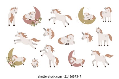 Set of cute unicorn isolated on white background. Cartoon characters for birthday, invitation, baby shower card, kids t-shirts and nursery design. Magic horse fantasy illustration