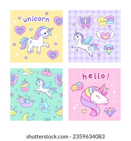 Set of Cute Unicorn magical card gift tag sticker for memo, sticky notes, planner, notepad template