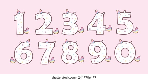 Set of cute unicorn numbers. Beautiful cartoon element for Kids Birthday Party invitation, greeting card and cake toppers design.