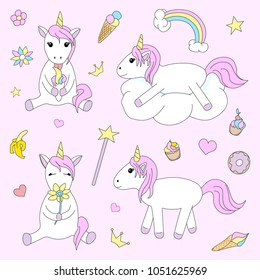 Set of cute unicorn on pink background. A collection of design elements for a little girl. Hand drawing of unicorns in cartoon style. Vector illustration.