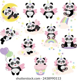 Set of cute unicorn panda