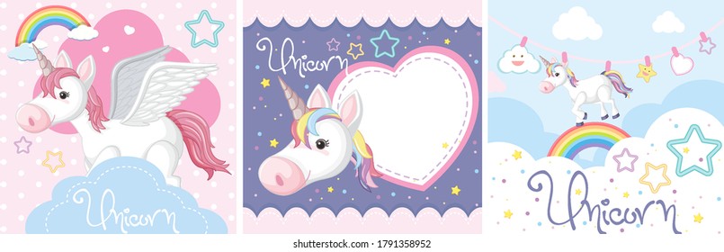 Set of cute unicorn or pegasus in pastel color illustration