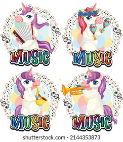 Set cute unicorn playing musical instruments with music notes on white background illustration