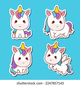 Set Cute unicorn sticker. Cute kawaii unicorn cartoon character collection. Flat cartoon style. Animal concept design. Vector art illustration. 