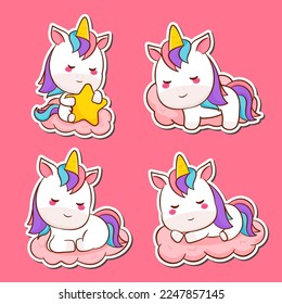 Set Cute unicorn sticker. Cute kawaii unicorn cartoon character collection. Flat cartoon style. Animal concept design. Vector art illustration. 