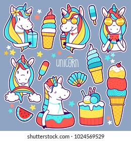 Set of Cute Unicorn Stickers, Colorful Badges and Icons