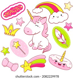 Set of cute unicorn stickers in kawaii style. Unicorn, rainbow, donut, shooting star, bow, feather, crown, sticker with inscription magic. Vector illustration EPS8