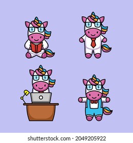 Set of cute unicorn student nerd mascot 