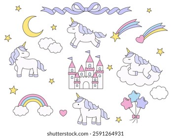 Set of cute unicorn vector illustrations. Horse, rainbow, shooting star, balloon, ribbon, castle, moon, line