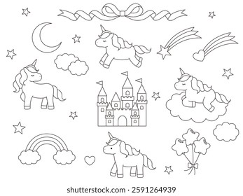 Set of cute unicorn vector illustrations. Horse, rainbow, shooting star, balloon, ribbon, castle, moon, line