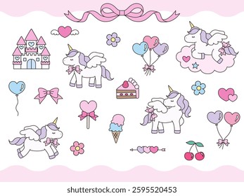 Set of cute unicorn vector illustrations. Horse, ribbon, heart, balloon, cherry, castle