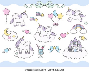 Set of cute unicorn vector illustrations. Horse, ribbon, heart, balloon, cherry, castle