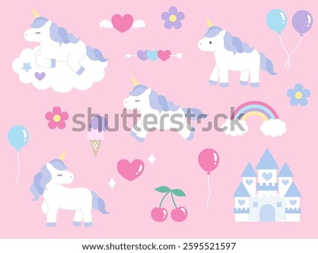 Set of cute unicorn vector illustrations. Horse, rainbow, heart, balloon, cherry, castle