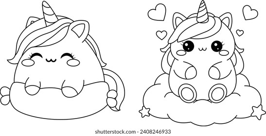 Set of cute unicorns cartoon coloring page