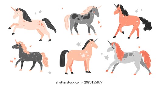 Set of cute unicorns in cartoon style. Vector flat illustration