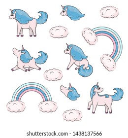 Set of cute unicorns with clouds and magic rainbow. Lovely doodle for baby birthday invitation. Fancy magical illustration of a girlish fairy pony for kids.