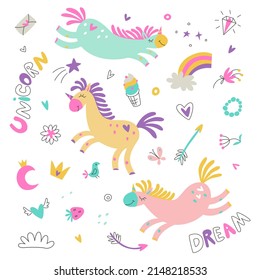 Set of cute unicorns and different objects. Vector illustration isolated on white background with handwritten text. Birthday concept