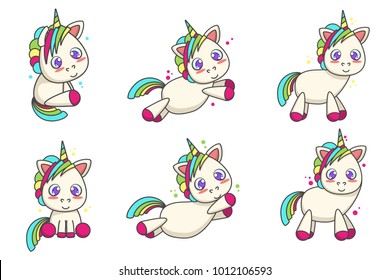 Set of cute unicorns with different poses. Vector cartoon illustration