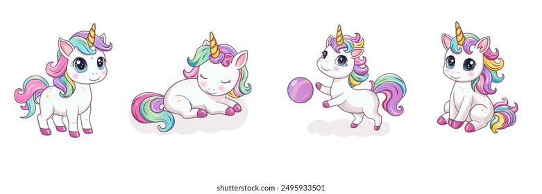 A set of cute unicorns in different poses. Hand-drawn ponies with a golden horn. Cute magic horses. It can be used for printing, textiles, web design. Vector illustration
