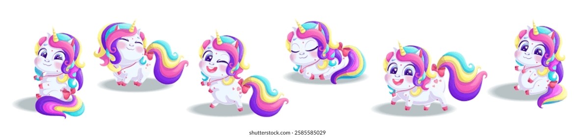 A set of cute unicorns in different poses. A charming animal with a bright mane and a golden horn. Isolated vector illustration for design, prints and patterns.